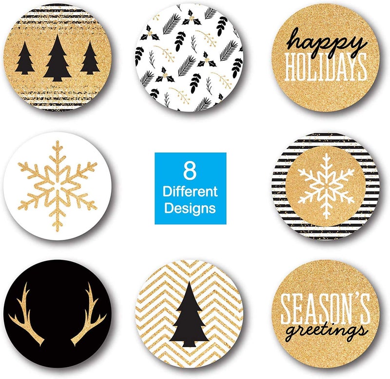 SBlabels Black and Faux Gold Matte Glitter Holiday Stickers / 500 Christmas Card Envelope Seals / 8 Festive Winter Label Designs / 1.5" Sticker Decals - Image 2